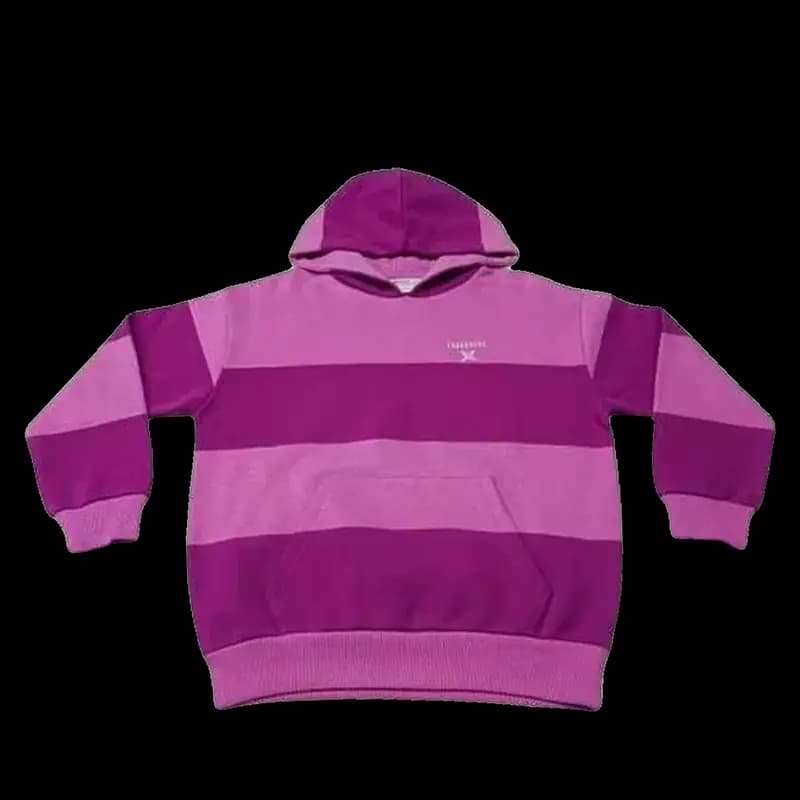 Magenta and pink stripe fleece hoodie with chest embroidery