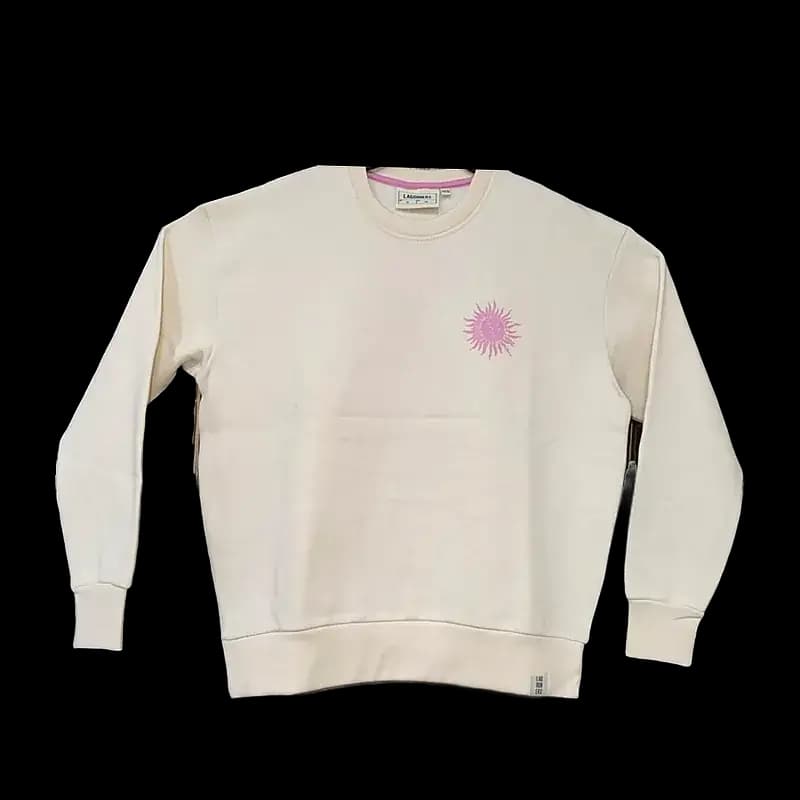 Cream crewneck fleece sweatshirt with pink chest print and contrast neck tape