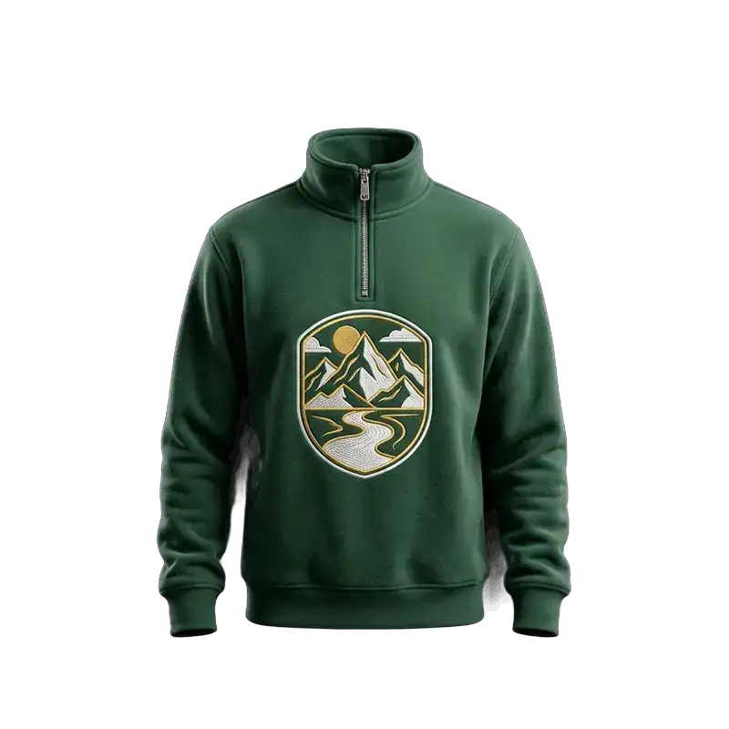 Green quarter-zip sweatshirt with embroidered mountain badge