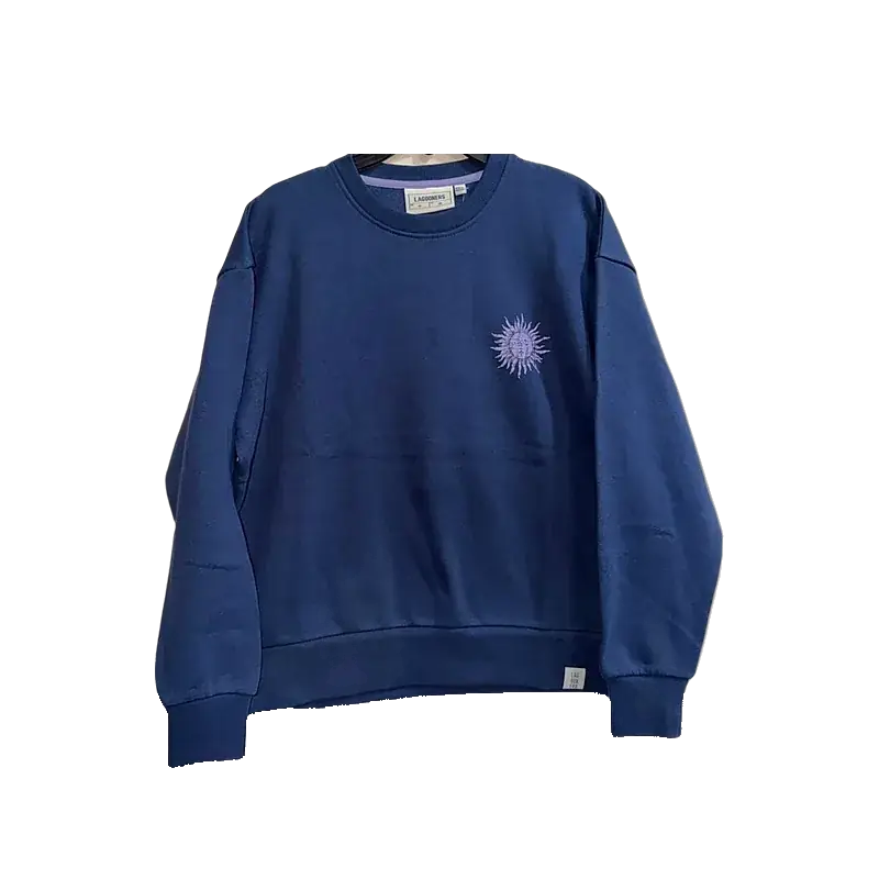 Navy crewneck fleece sweatshirt with small chest print