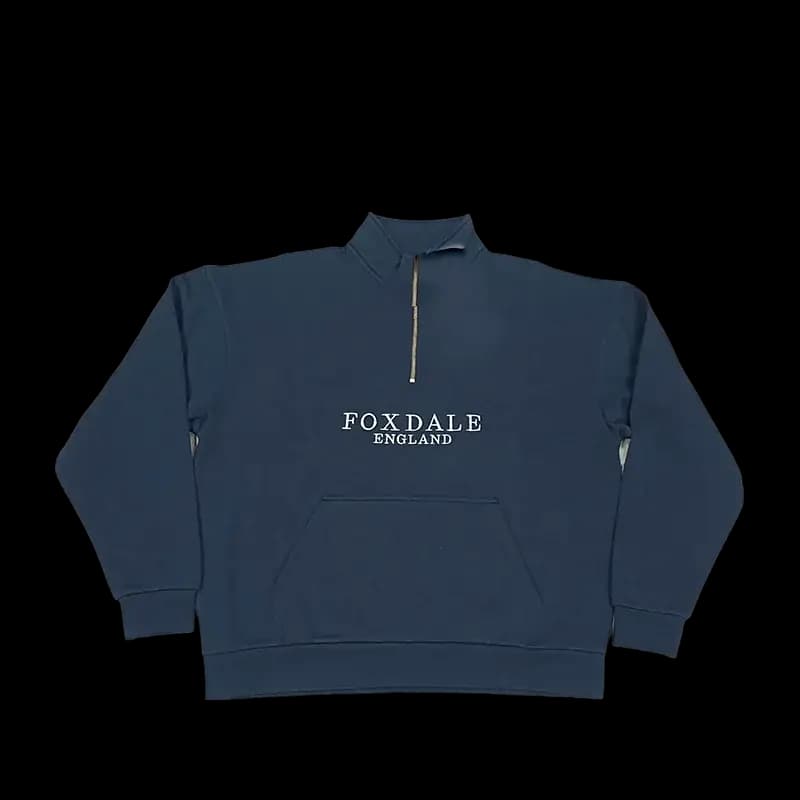 Navy quarter-zip fleece sweatshirt with chest embroidery and kangaroo pocket