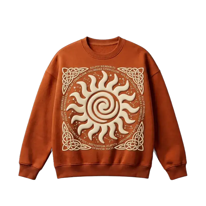Burnt orange boxy sweatshirt with large raised puff print sun graphic