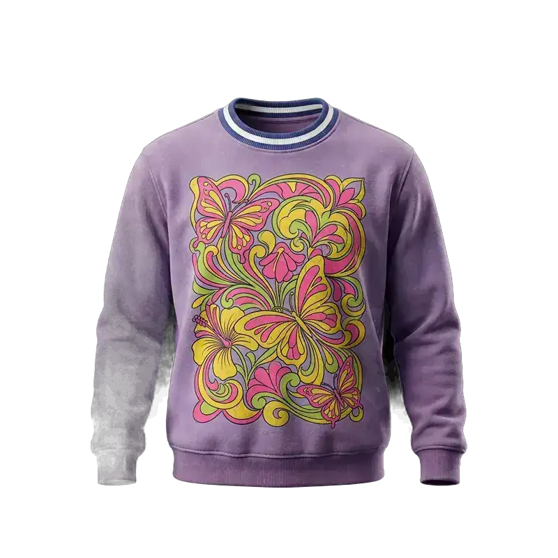 Lavender garment-dyed sweatshirt with large multi-colour floral screen print