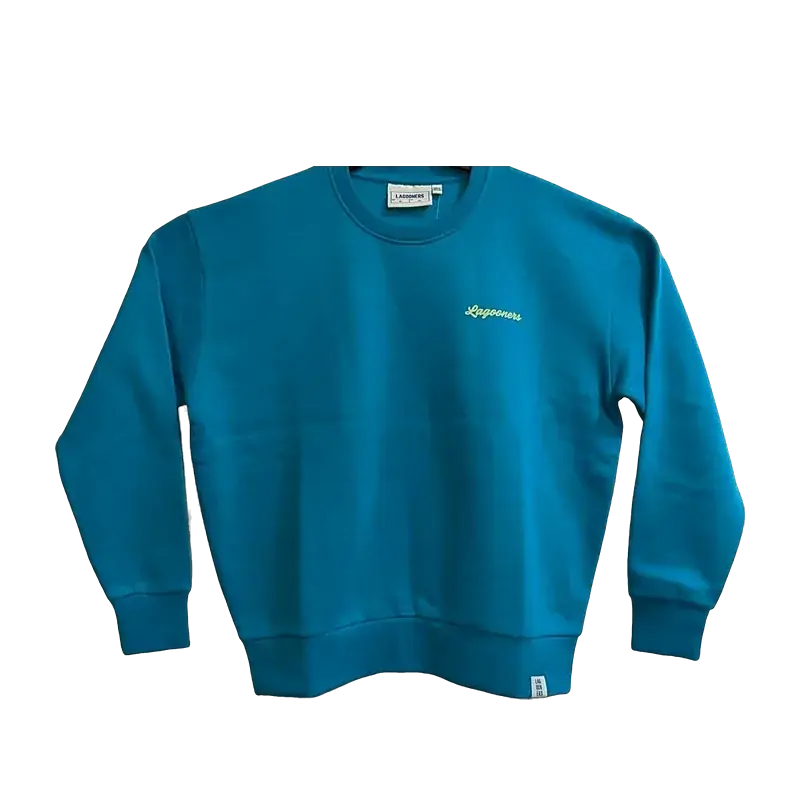 Teal crewneck fleece sweatshirt with small script chest embroidery