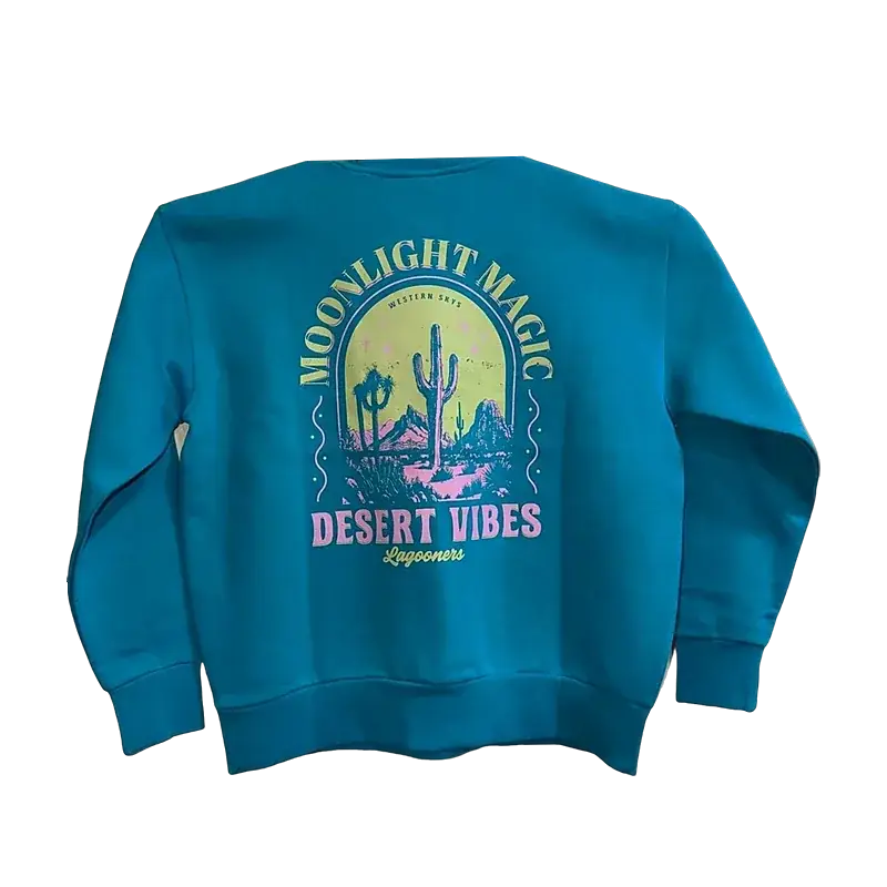 Teal crewneck fleece sweatshirt with multi-colour desert back print