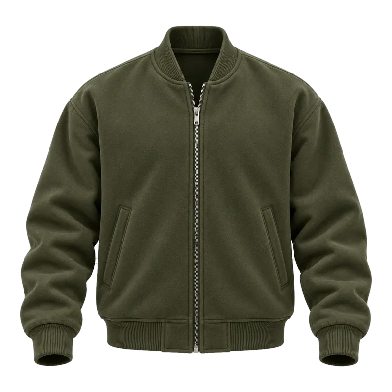 Olive heavyweight fleece bomber jacket with rib collar, cuffs and hem