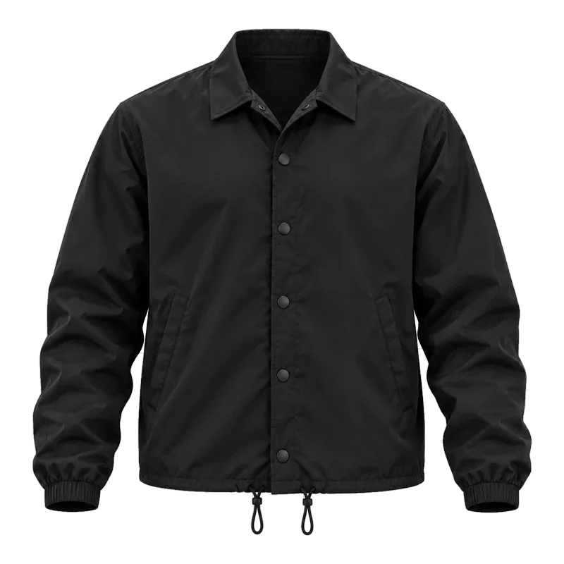 Black lightweight coach jacket with snap-button front and drawcord hem