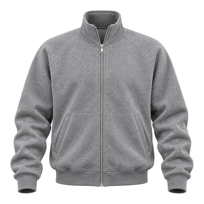 Heather grey heavyweight fleece full-zip track jacket with stand collar