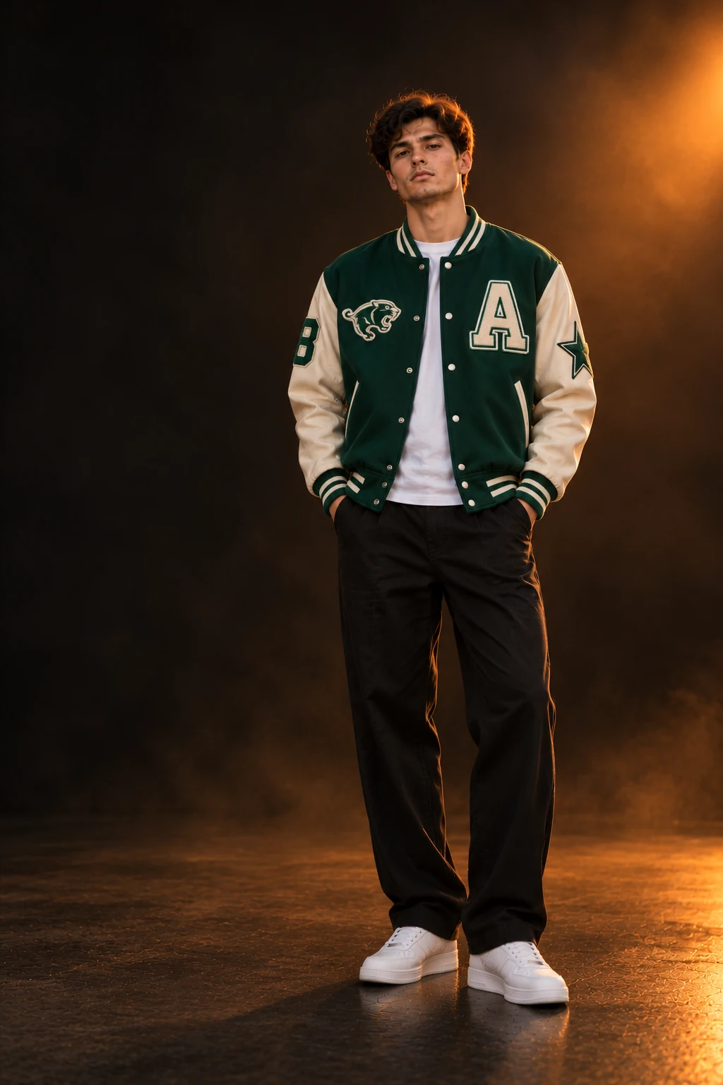 Model wearing a green and cream varsity jacket with chenille and embroidered patches
