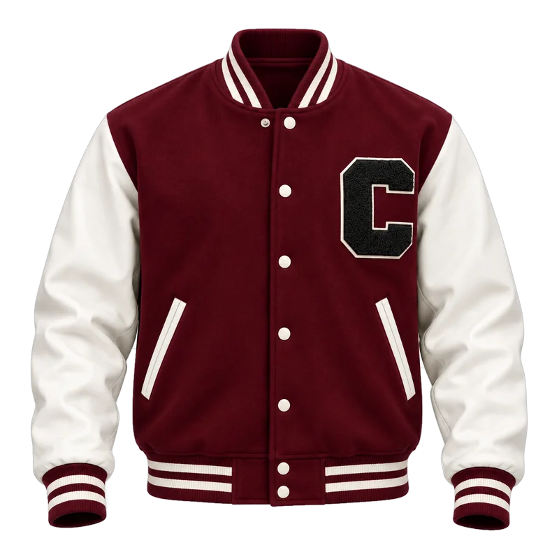 Burgundy varsity jacket with white sleeves, striped rib trims and chenille letter patch
