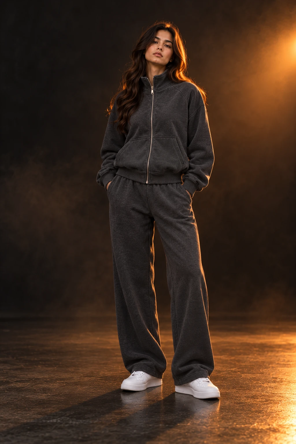 Model wearing a charcoal heavyweight fleece zip jacket with matching wide-leg sweatpants