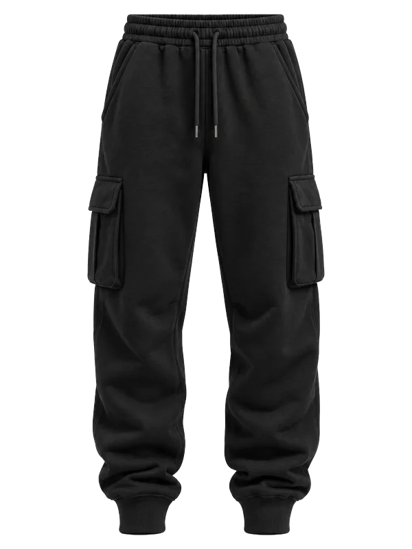 Black heavyweight fleece cargo jogger with flap cargo pockets and rib cuffs