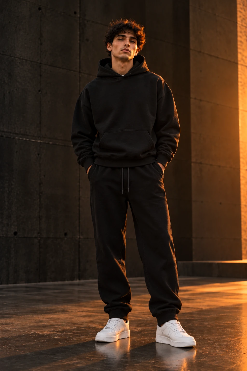 Model wearing black heavyweight cuffed fleece joggers with a matching oversized hoodie