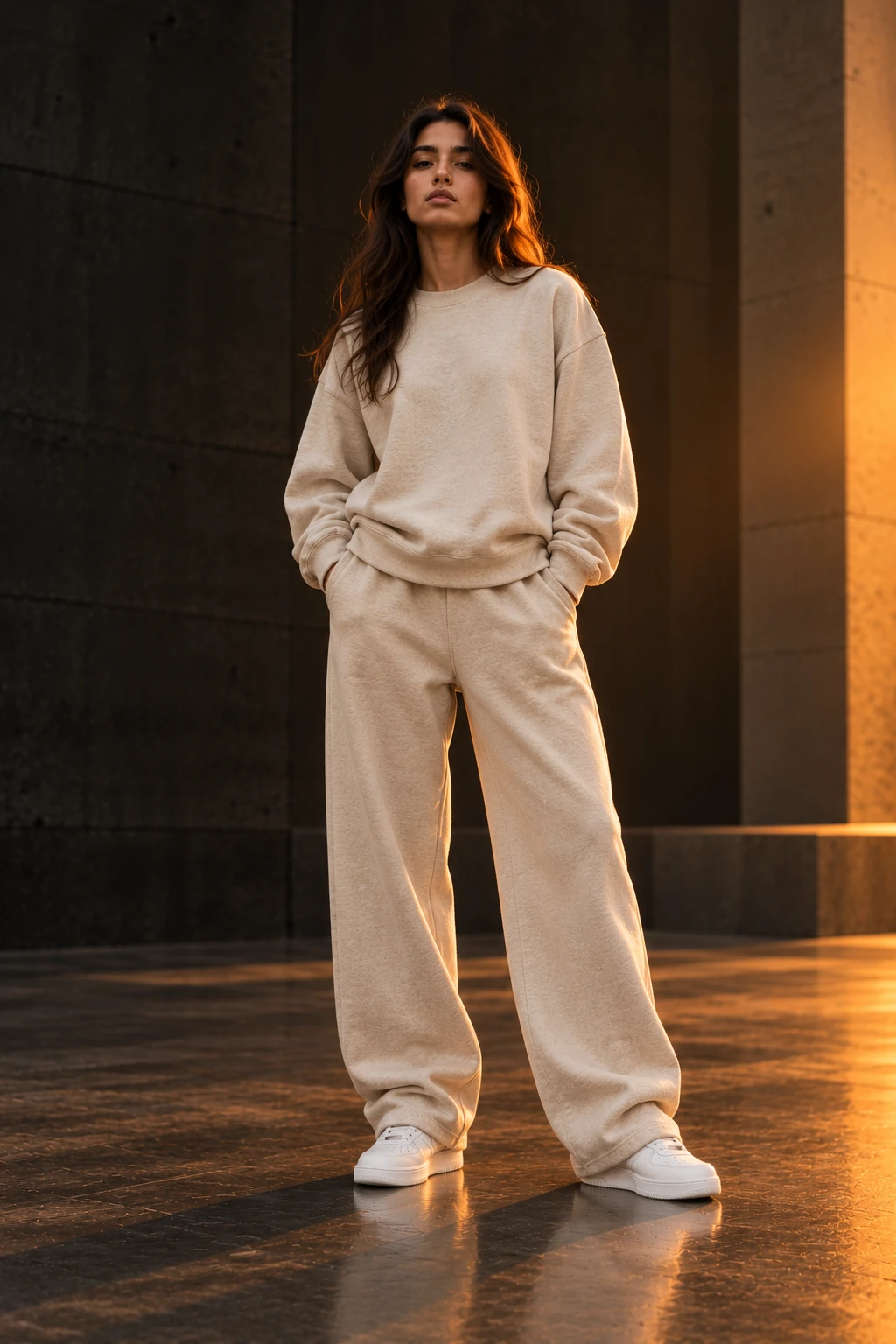Model wearing an oatmeal oversized crewneck sweatshirt and matching wide-leg fleece sweatpants