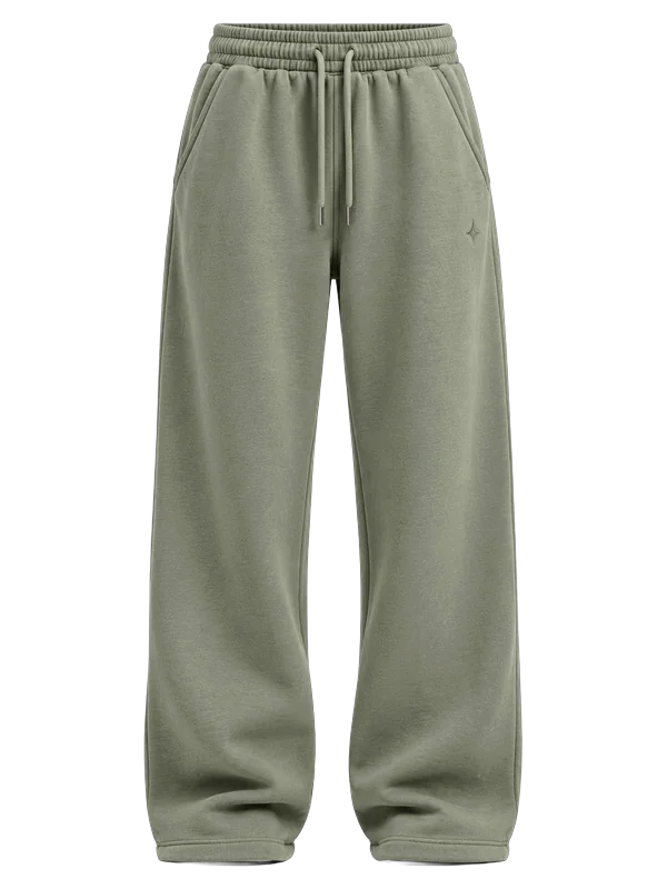 Sage green wide-leg fleece sweatpant with small tonal embroidered badge