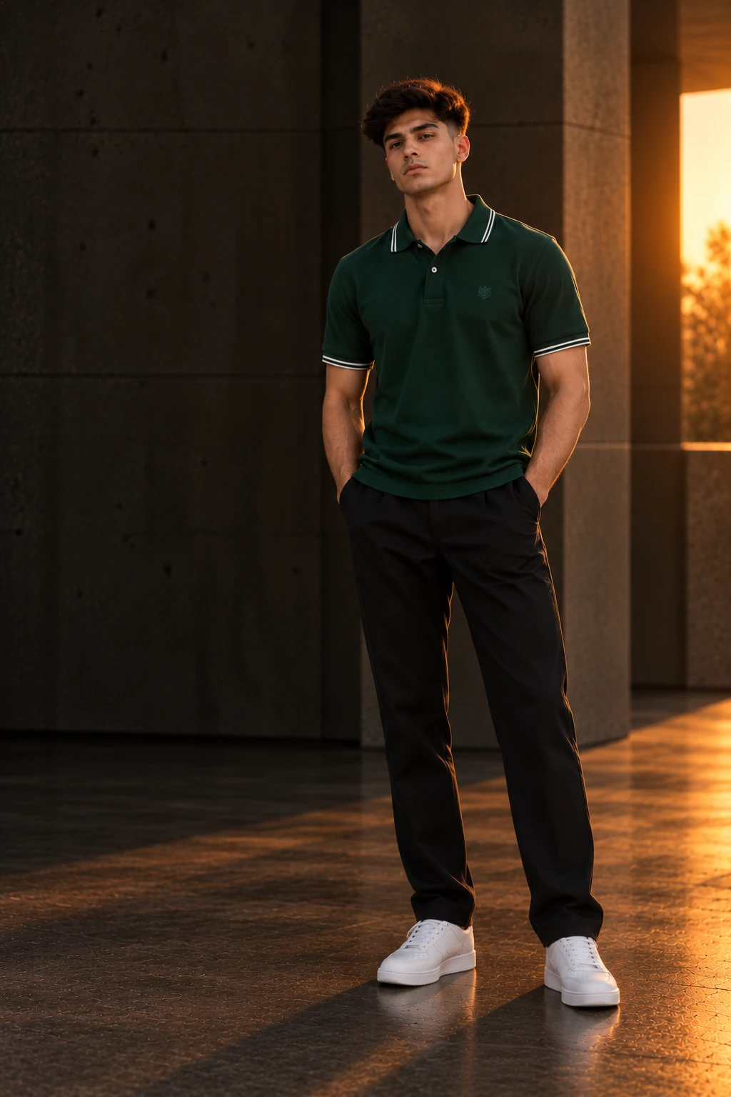 Model wearing a forest green pique polo shirt with contrast tipping and tonal chest embroidery