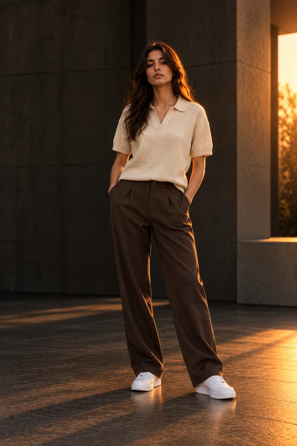 Model wearing a cream textured knit polo shirt with open collar