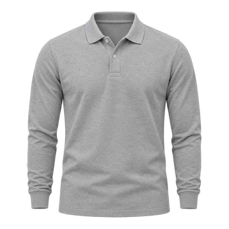 Heather grey long-sleeve cotton jersey polo shirt