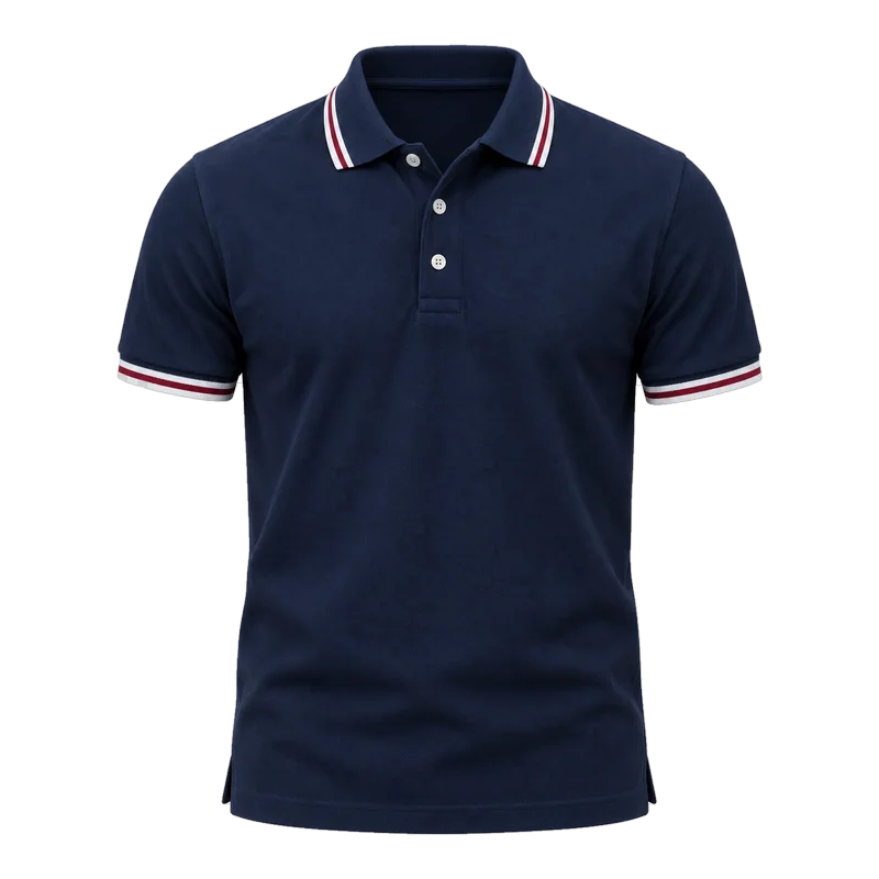 Navy cotton pique polo shirt with white and burgundy tipping on collar and cuffs