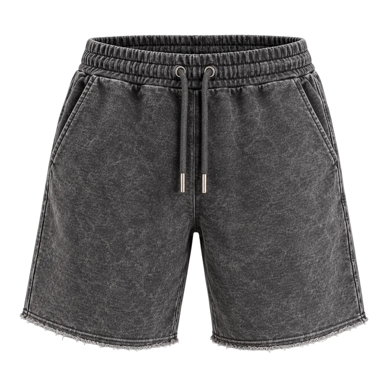 Charcoal acid-wash heavyweight fleece shorts with raw cut hem