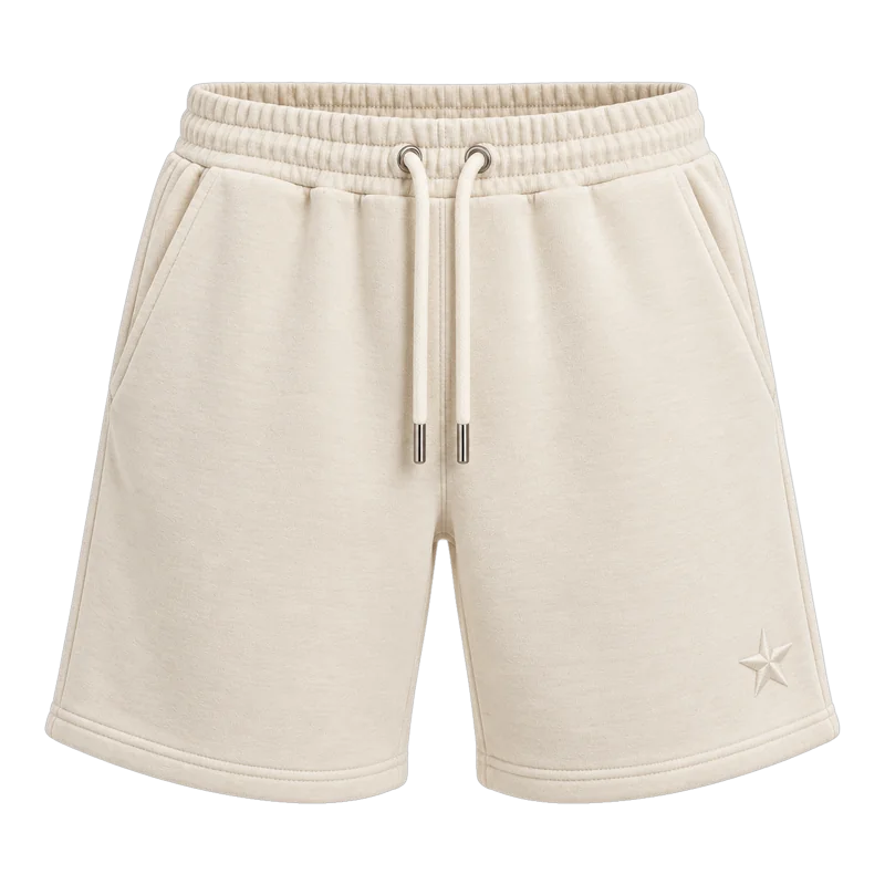 Cream heavyweight fleece shorts with tonal 3D embroidered star