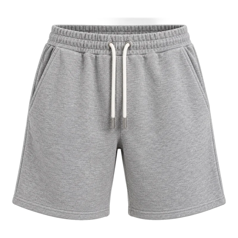 Heather grey heavyweight fleece sweat shorts with white drawcord