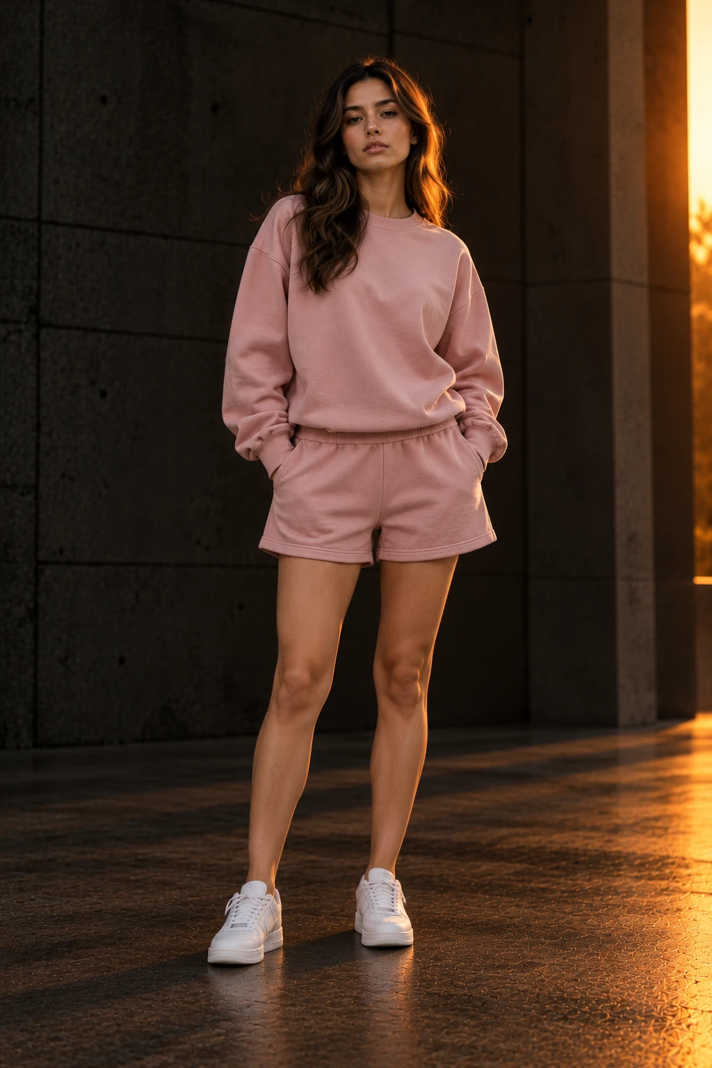 Model wearing a dusty pink oversized sweatshirt and matching fleece shorts