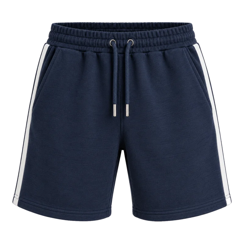 Navy French terry shorts with contrast white side stripe