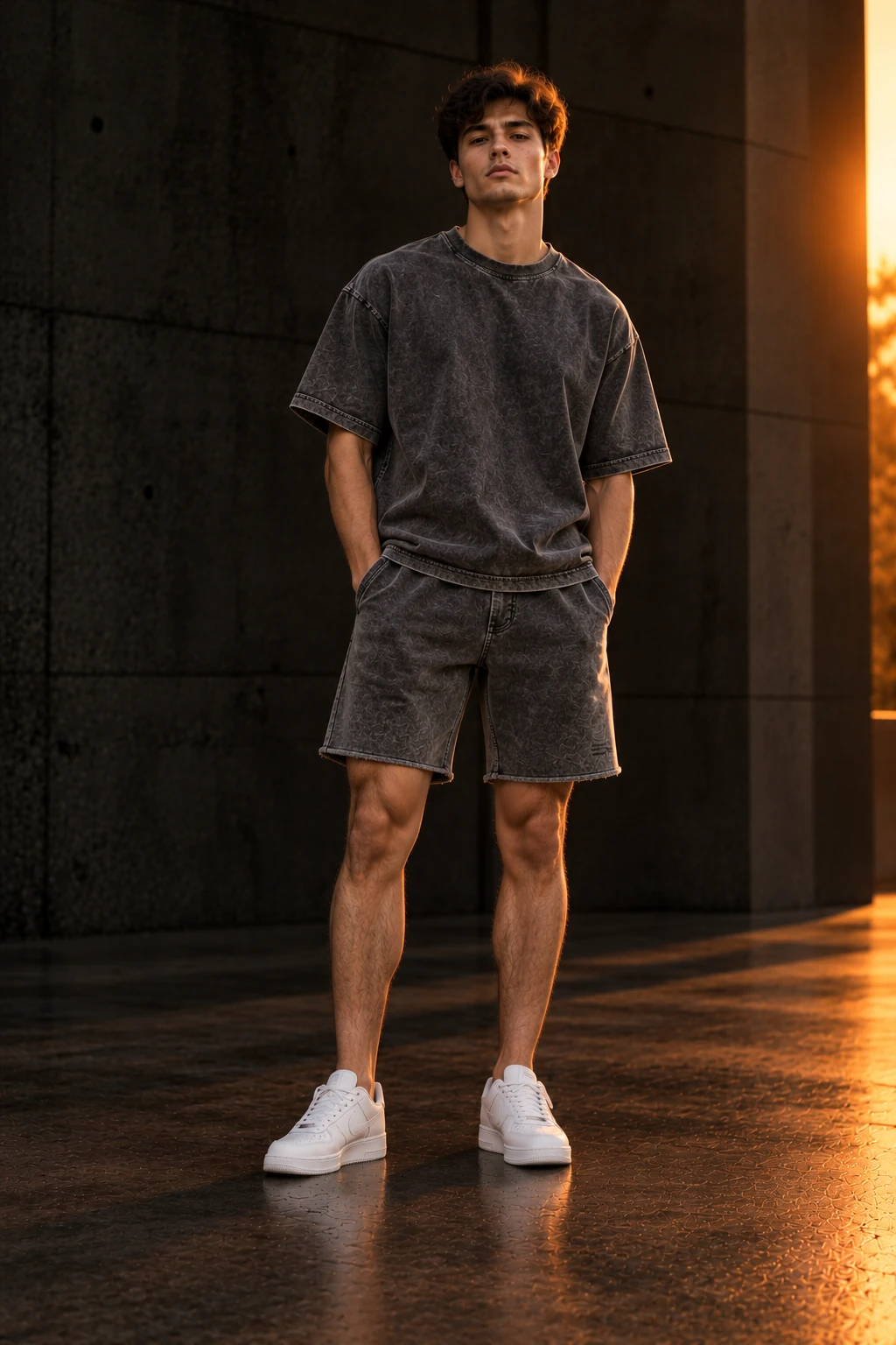 Model wearing charcoal acid-wash heavyweight shorts with a matching acid-wash oversized t-shirt