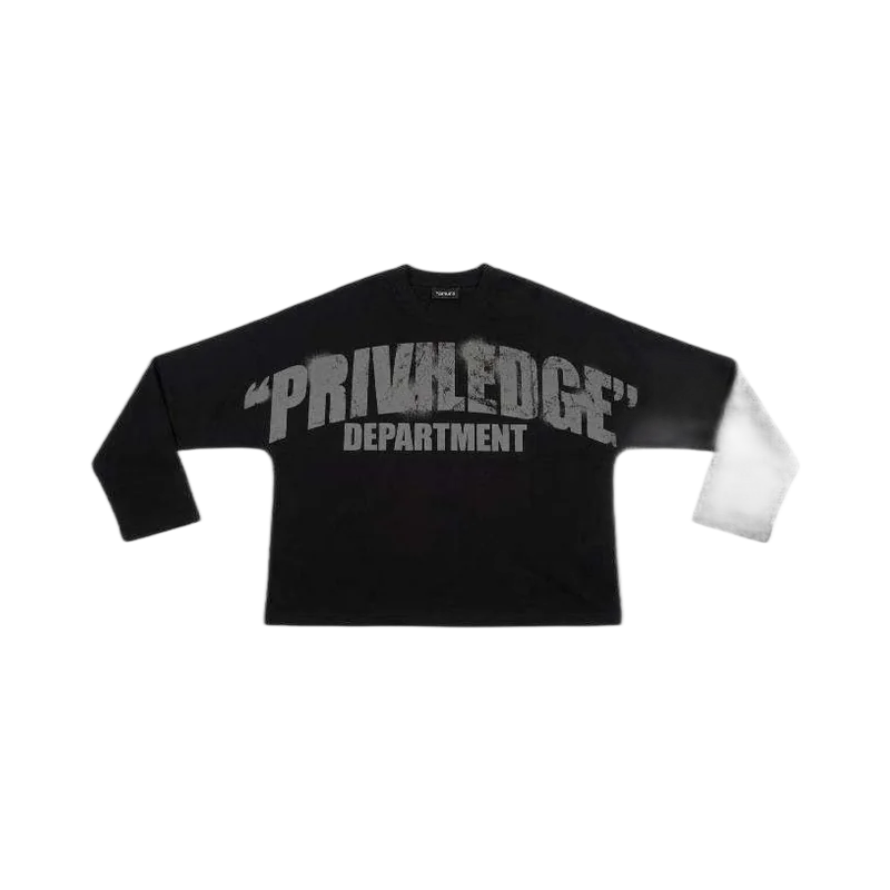 Black boxy long-sleeve t-shirt with distressed grey chest print