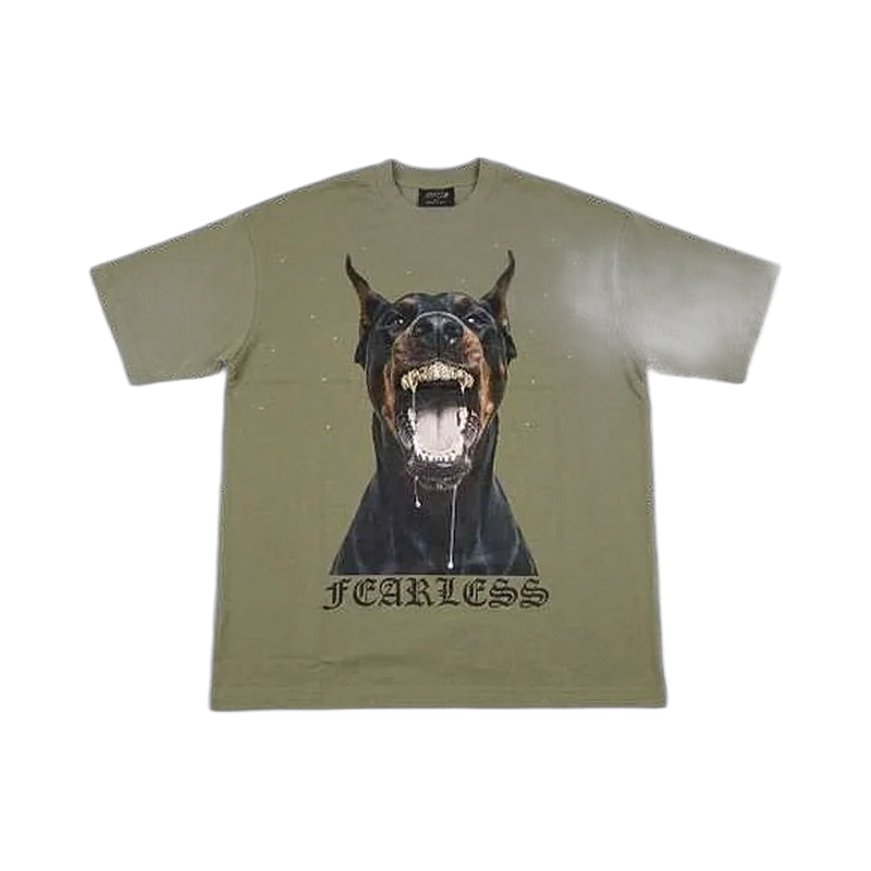 Olive heavyweight oversized t-shirt with photo-real dog graphic and gothic text