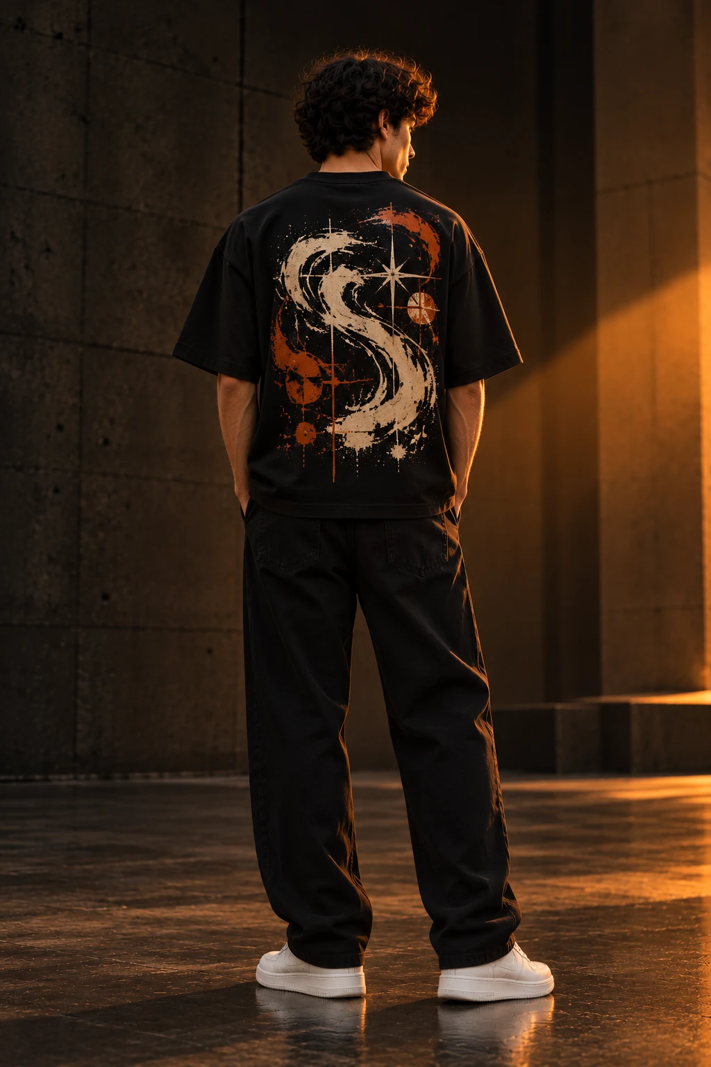 Model wearing an oversized t-shirt with a large screen-printed back graphic