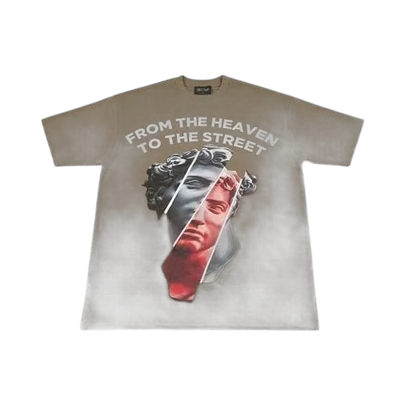 Brown sun-faded oversized t-shirt with split statue graphic and text print