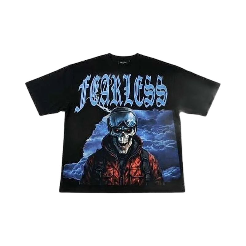 Black oversized boxy t-shirt with full-front skull and gothic lettering graphic