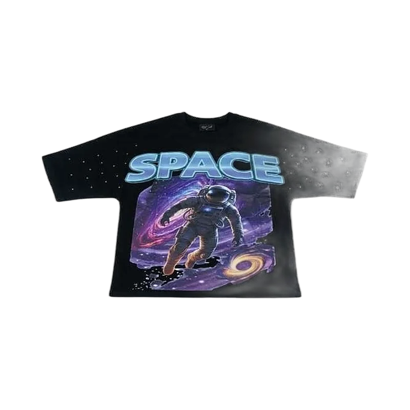 Black boxy t-shirt with full-colour astronaut and galaxy print